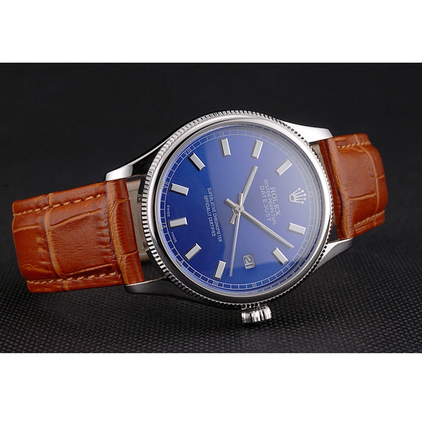 Aaa replica watch Case Leather Datejust Stainless Blue Swiss Brown Dial Steel Strap Rolex Light 0816